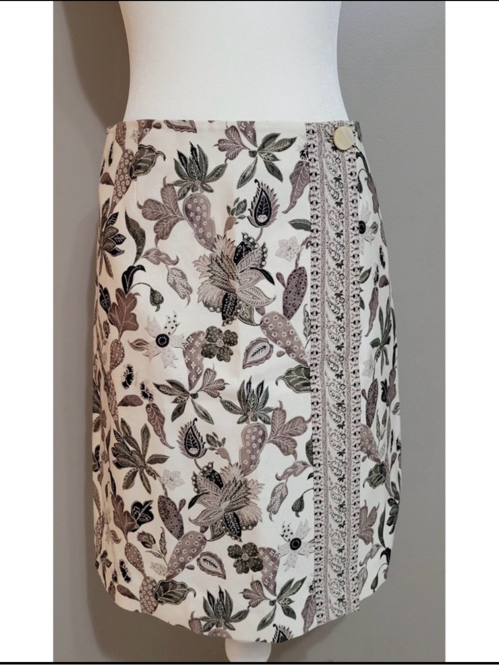 Tory Burch Ivory A-Line Skirt with Taupe & Olive Floral Print